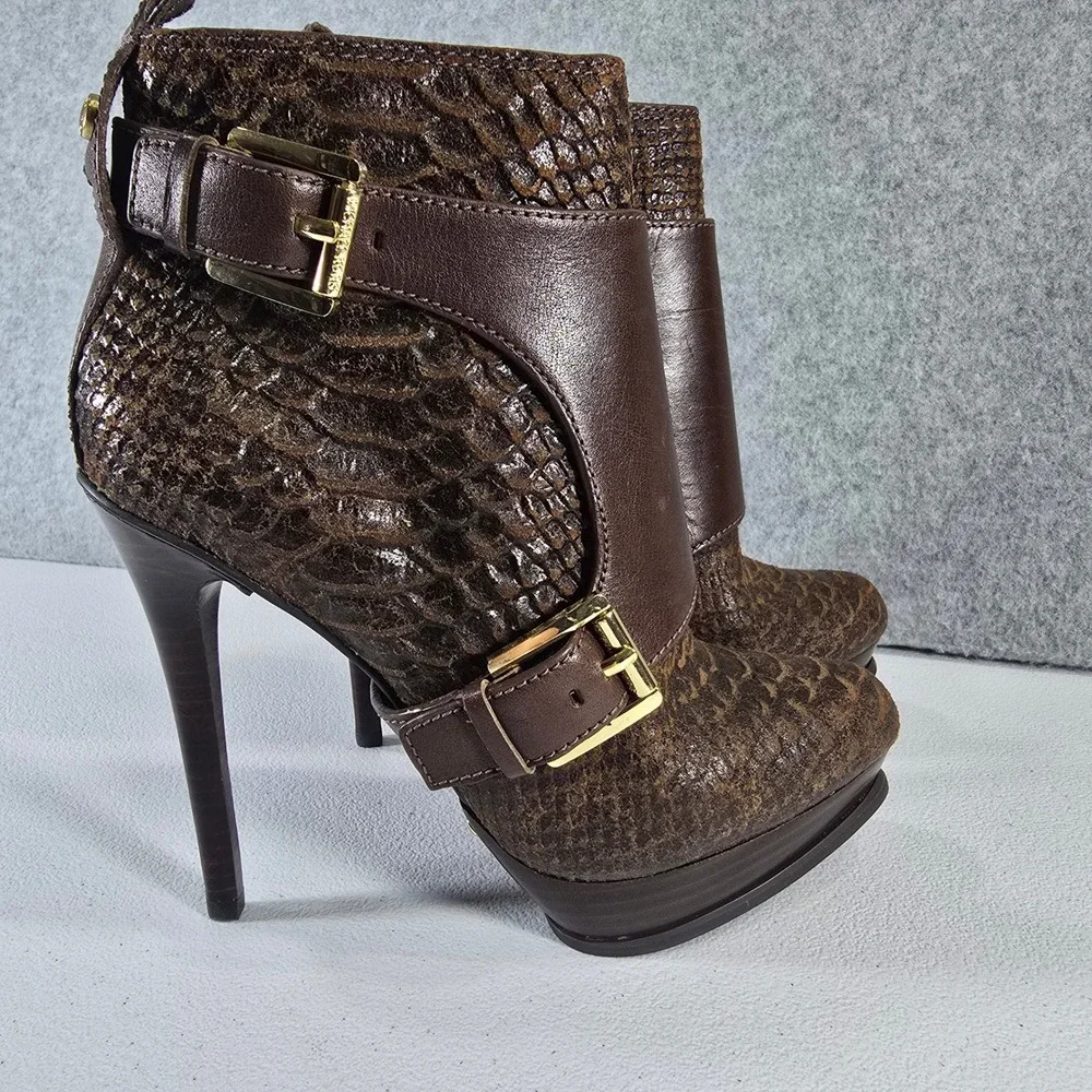 Michael Kors Brown Snakeskin Embossed Leather Platform Buckle Ankle Boots 5.5M